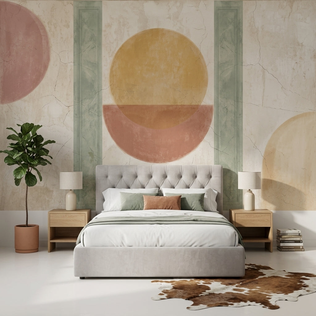 Abstract Geometric Wallpaper Circles Removable Sage Green Columns Wall Decor