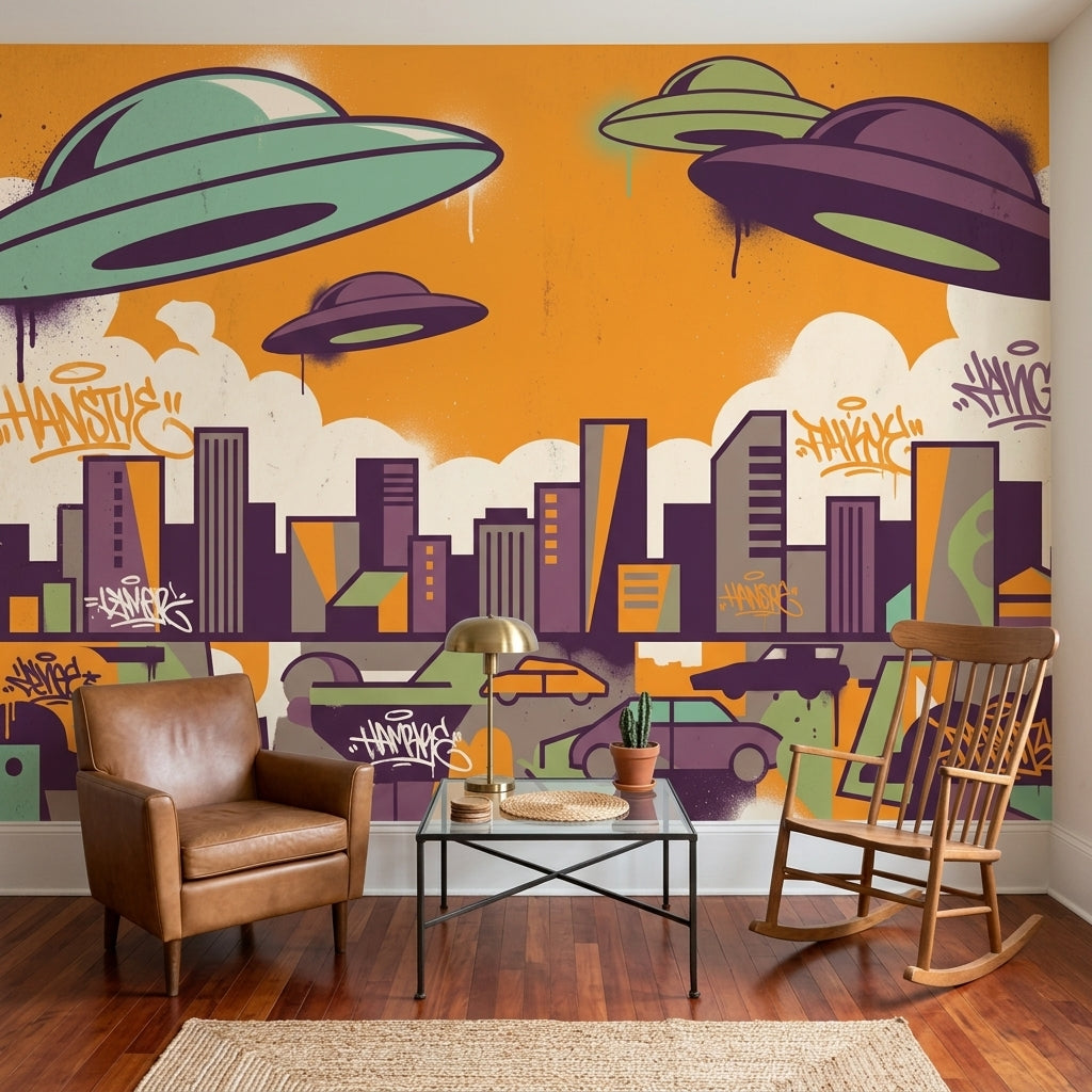 UFOs Wallpaper Urban Skyline Removable Graffiti Street Art Wall Decor