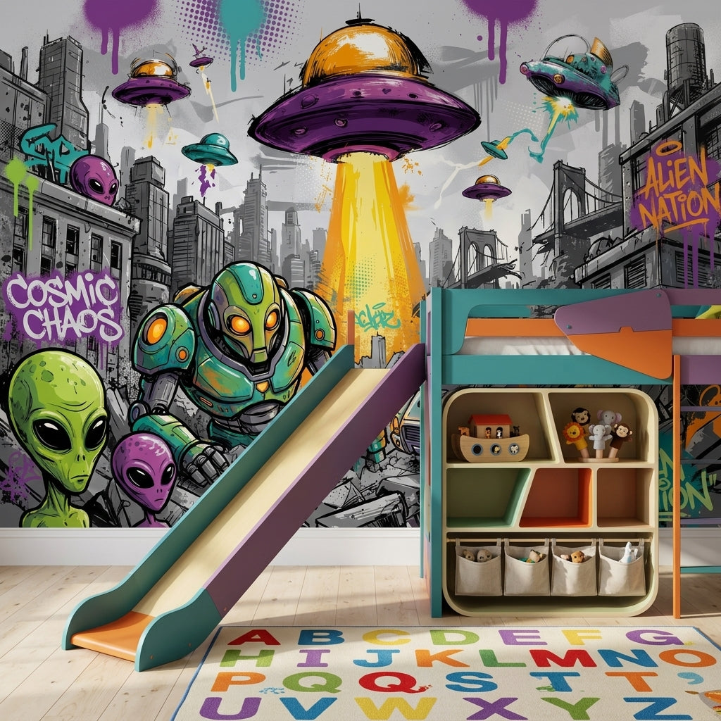 Alien Invasion Wallpaper UFO Graffiti Street Art Wall Mural