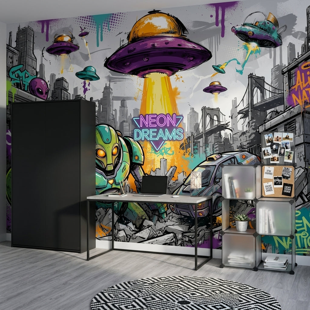 Alien Invasion Wallpaper UFO Graffiti Street Art Wall Mural