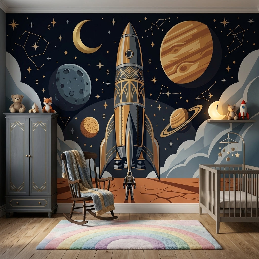 Rocket Ship Wallpaper Dark Space Removable Astronaut Wall Decor