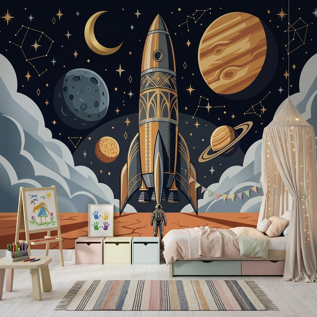 Rocket Ship Wallpaper Dark Space Removable Astronaut Wall Decor