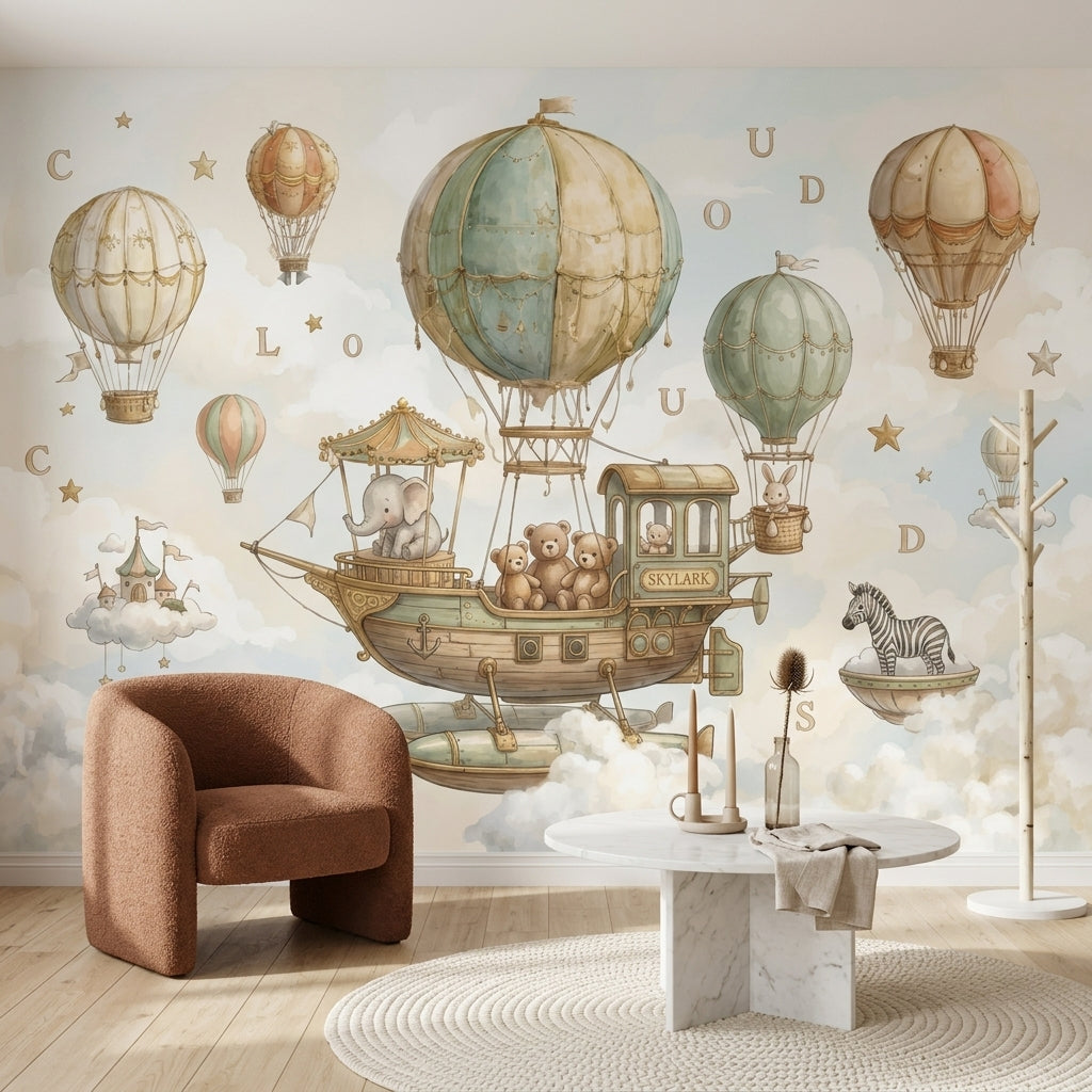 Whimsical Wallpaper Hot Air Balloons Removable Floating Airship Wall Decor