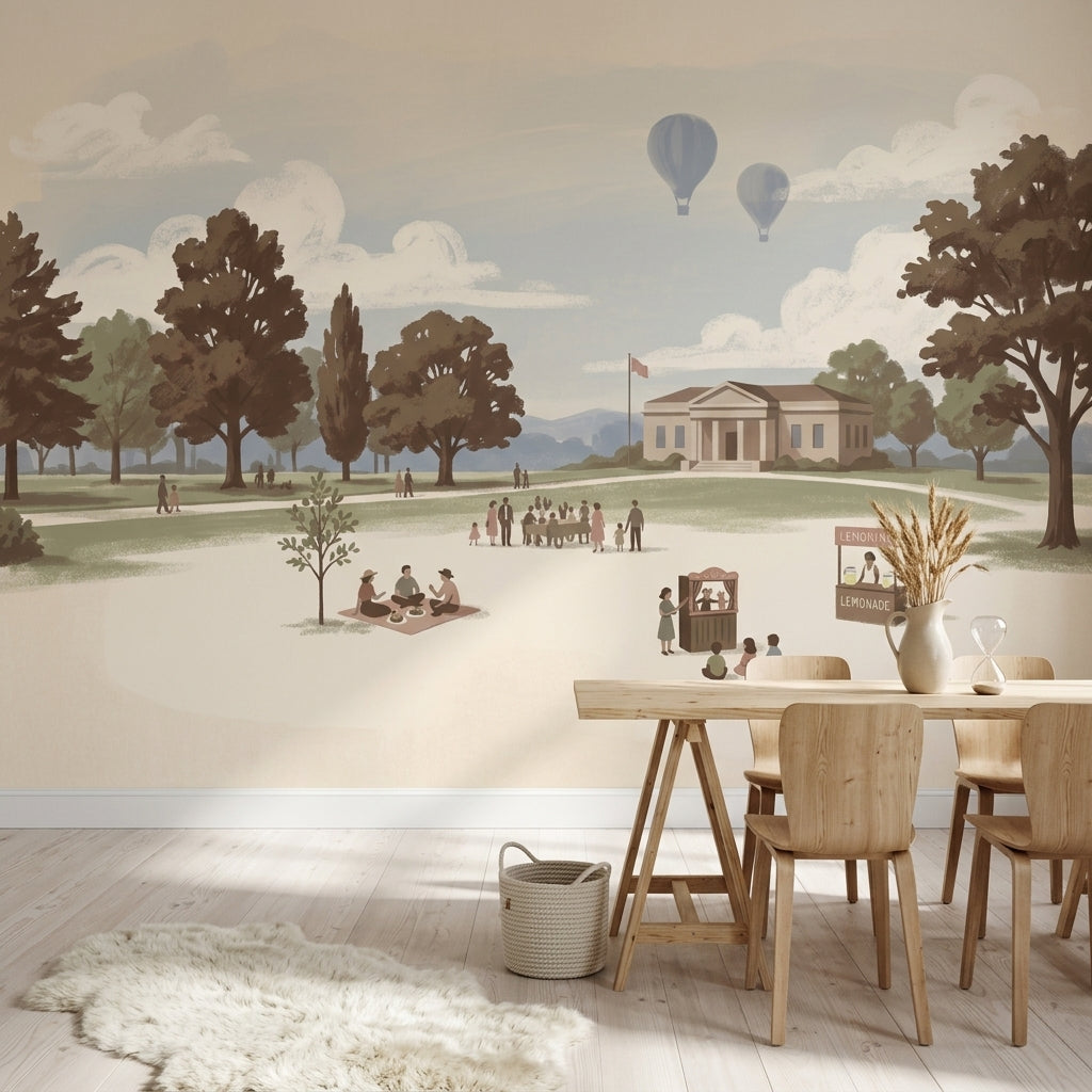 Park Landscape Wallpaper Storybook Illustration Muted Pastel Removable Wall Decor
