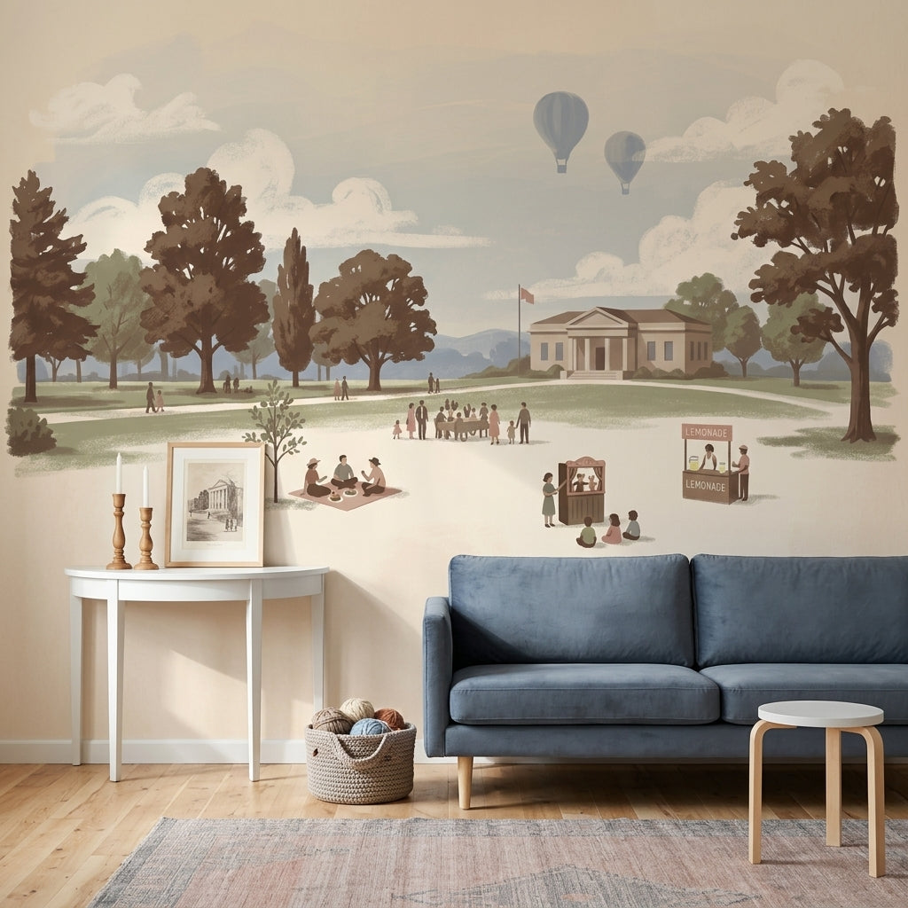 Park Landscape Wallpaper Storybook Illustration Muted Pastel Removable Wall Decor