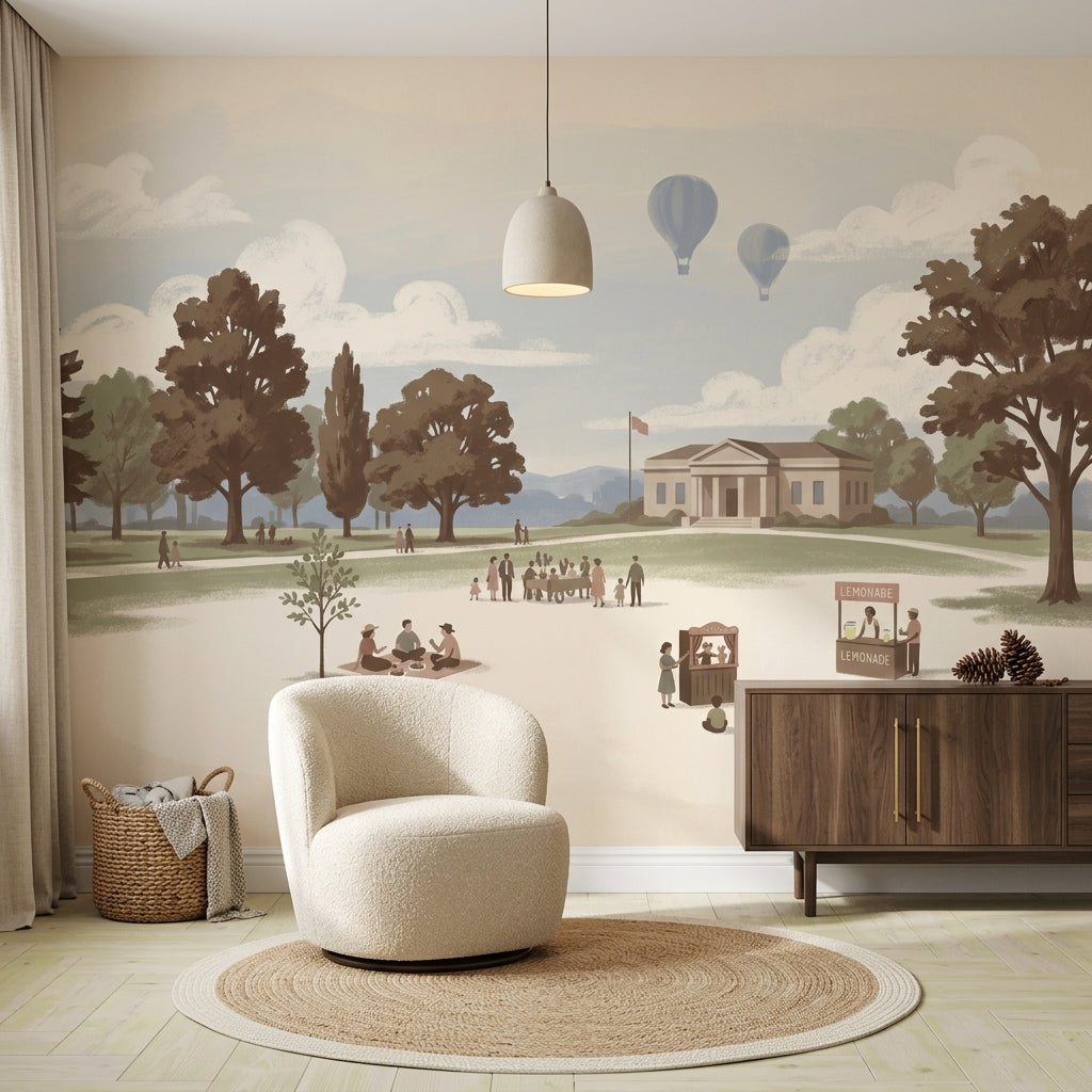 Park Landscape Wallpaper Storybook Illustration Muted Pastel Removable Wall Decor