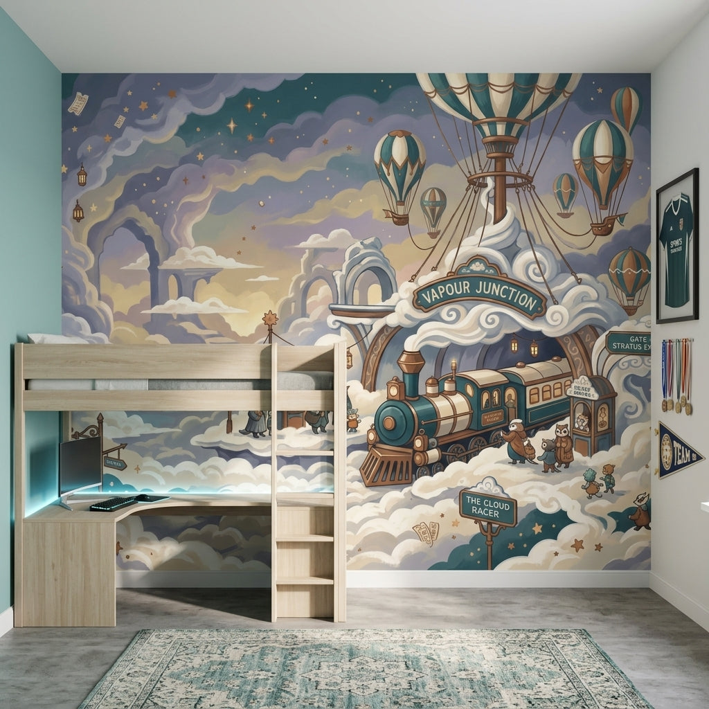 Cloud Train Station Wallpaper Steam Locomotive Removable Hot Air Balloons Wall Decor