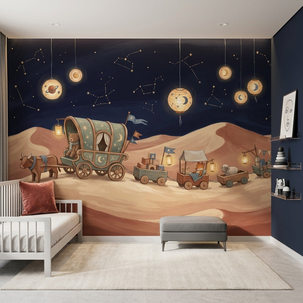 Dark Night Sky Wallpaper Desert Dunes Whimsical Caravan Removable Wall Decor