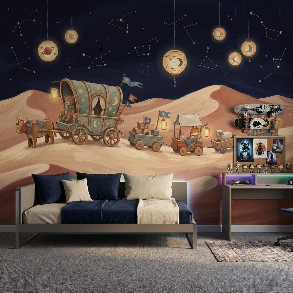 Dark Night Sky Wallpaper Desert Dunes Whimsical Caravan Removable Wall Decor