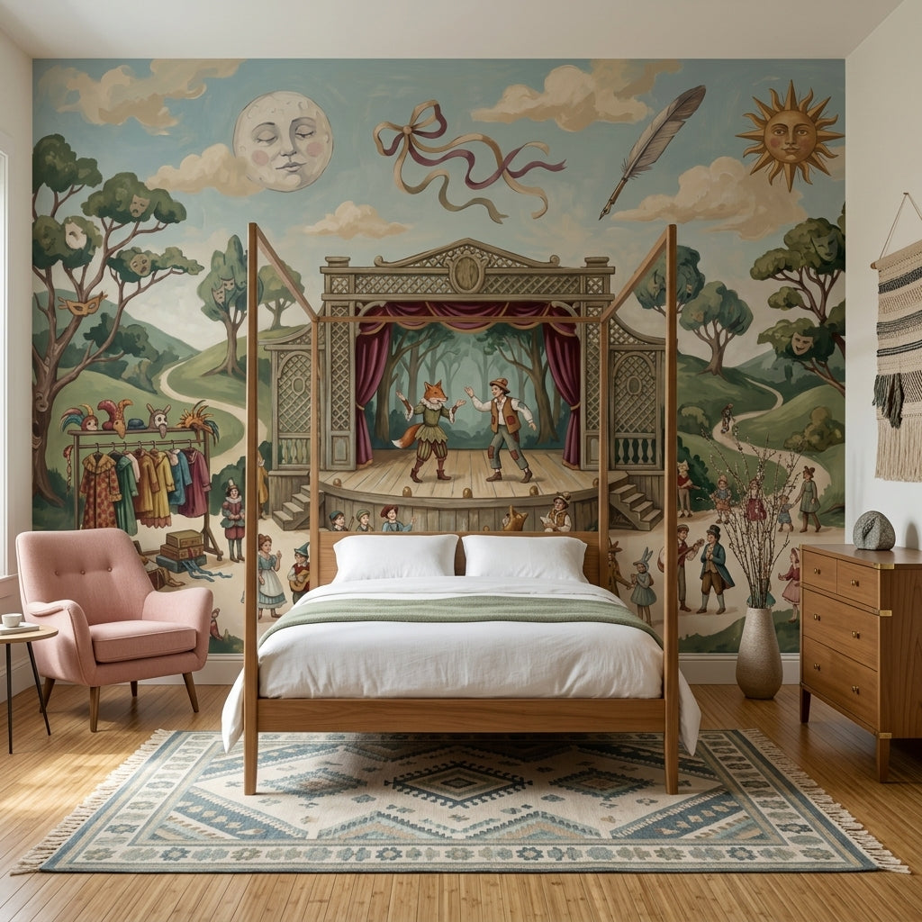 Storybook Theater Wallpaper Outdoor Stage Vintage Illustration Wall Mural