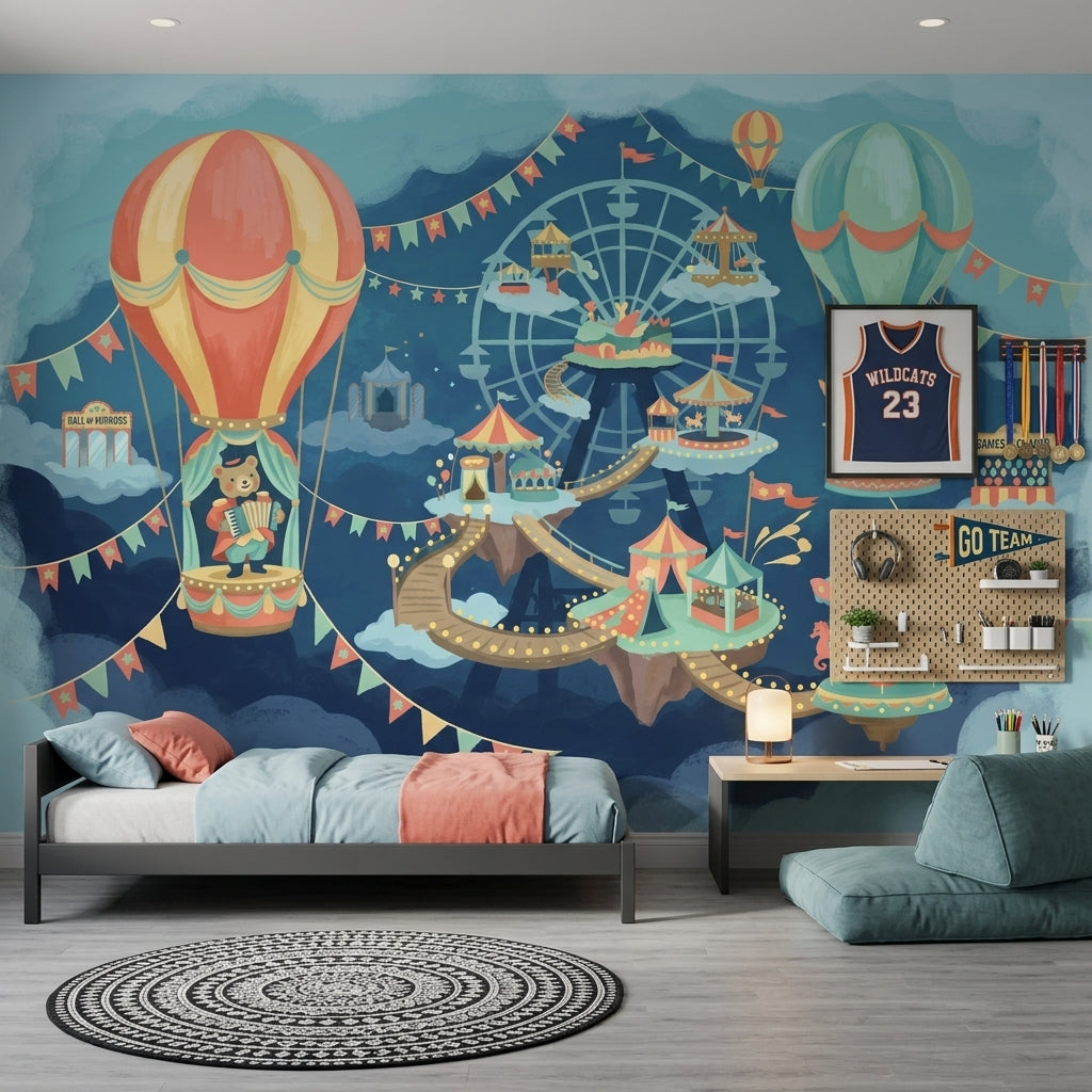 Whimsical Carnival Wallpaper Floating Islands Removable Hot Air Balloons Wall Decor