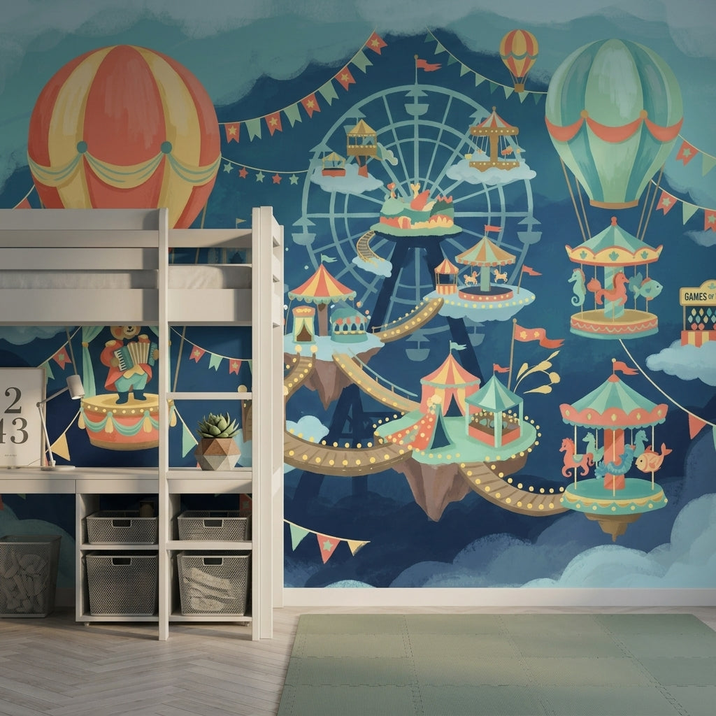 Whimsical Carnival Wallpaper Floating Islands Removable Hot Air Balloons Wall Decor