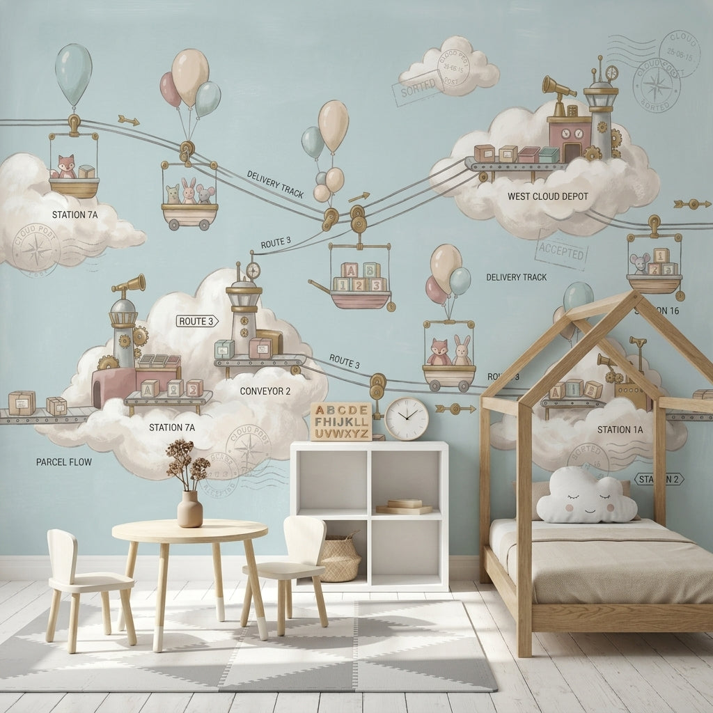 Whimsical Cloud Landscape Wallpaper Sky Delivery Route Map Parcel Post Theme Removable Wall Decor
