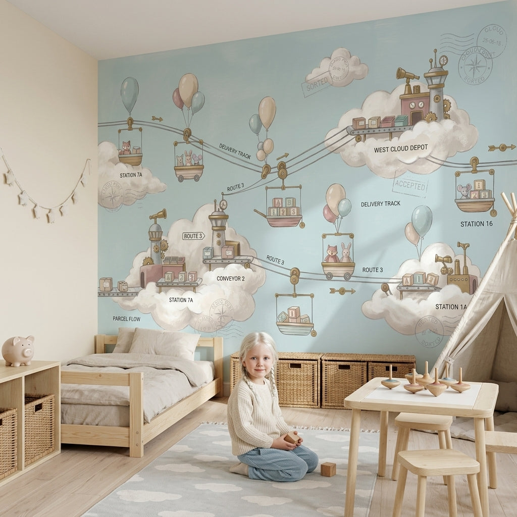 Whimsical Cloud Landscape Wallpaper Sky Delivery Route Map Parcel Post Theme Removable Wall Decor