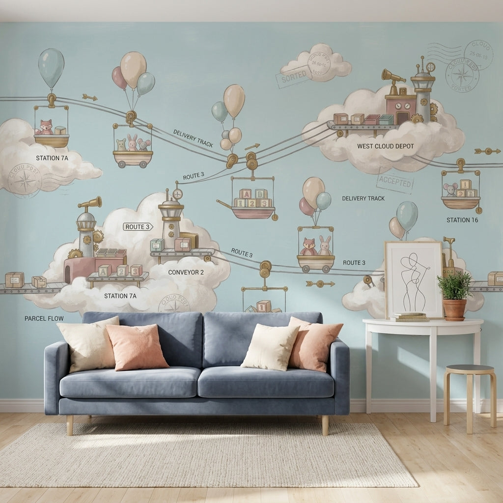 Whimsical Cloud Landscape Wallpaper Sky Delivery Route Map Parcel Post Theme Removable Wall Decor