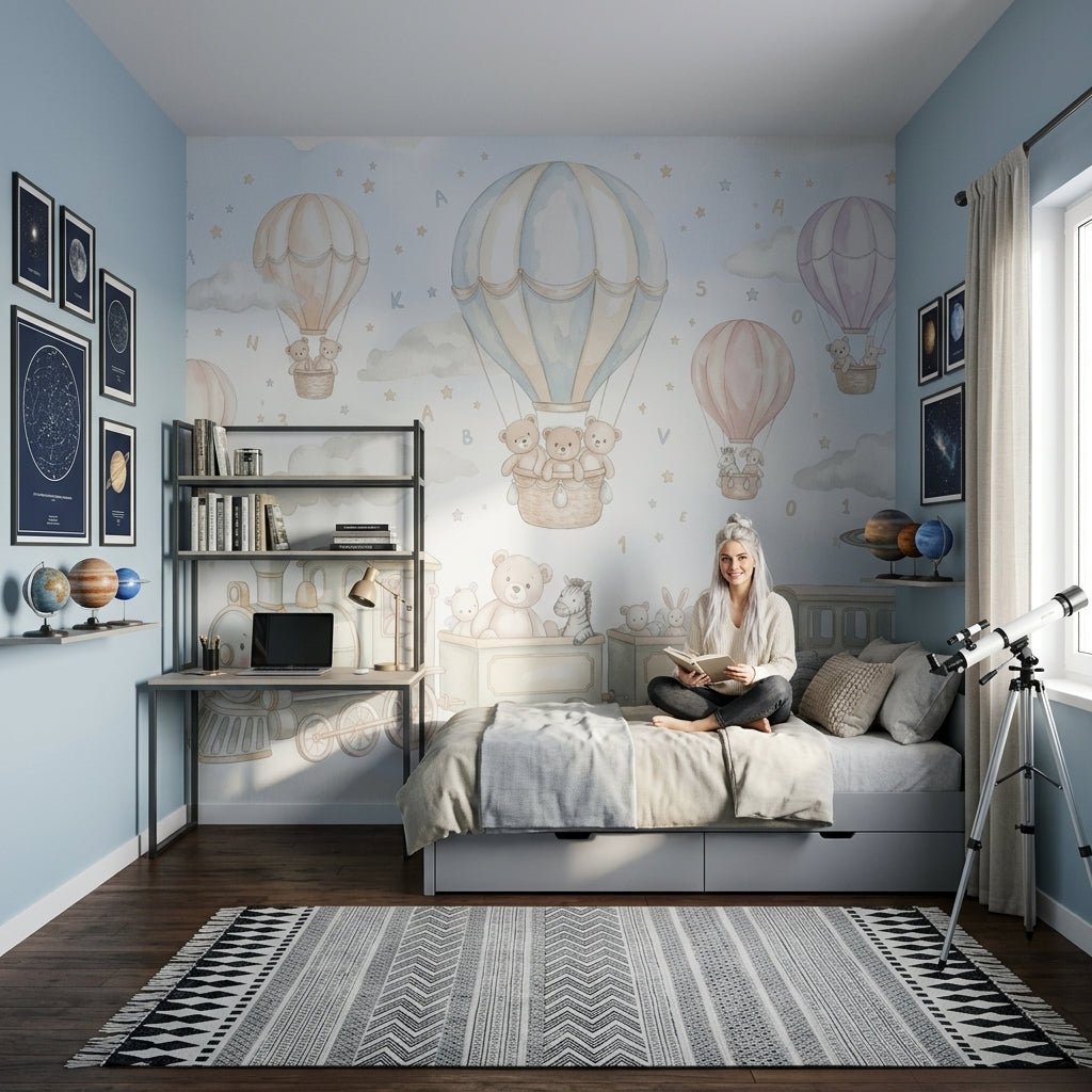Hot Air Balloons Wallpaper Teddy Bears Removable Toy Train Wall Decor