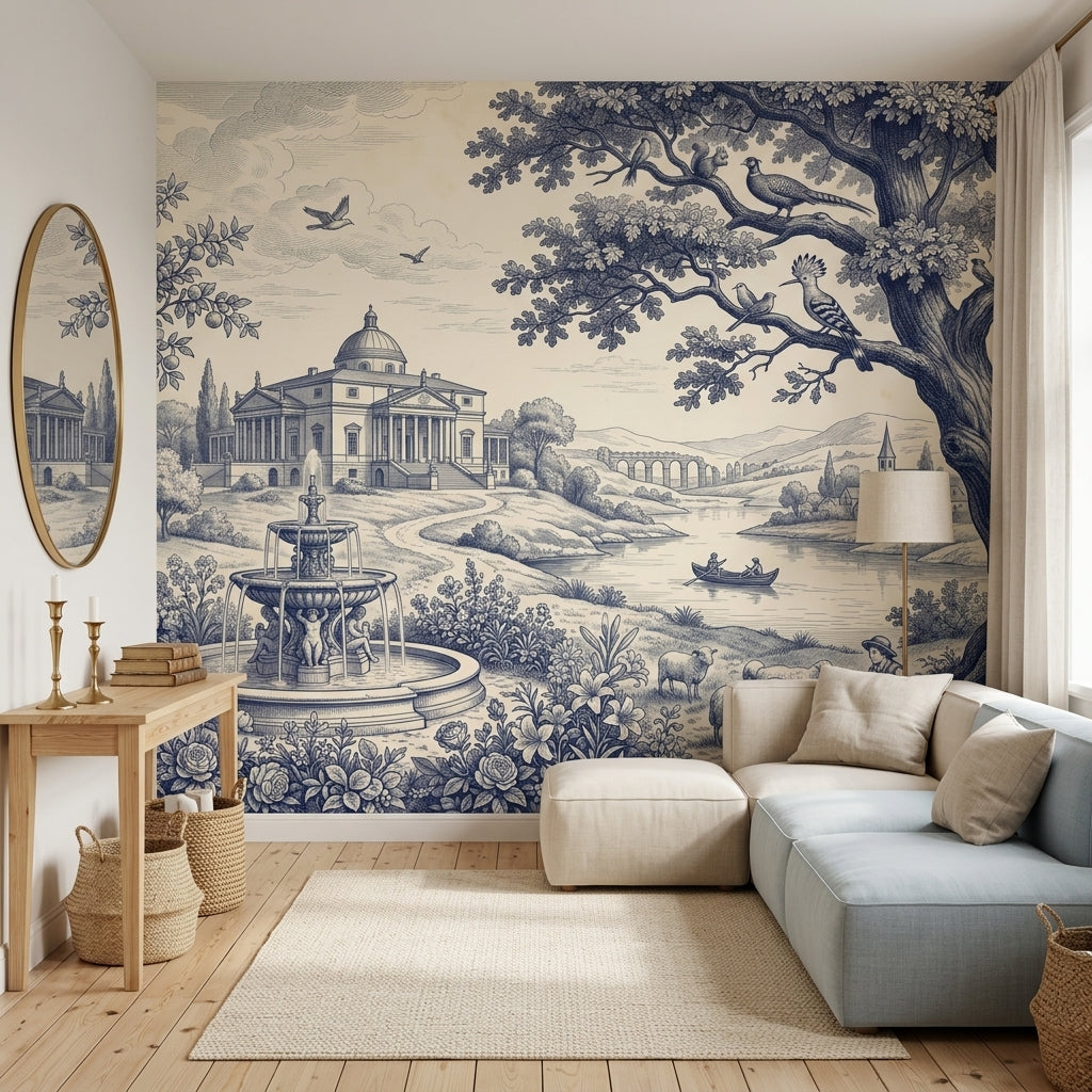 Blue Toile Wallpaper Pastoral Landscape Neoclassical Villa Wall Mural
