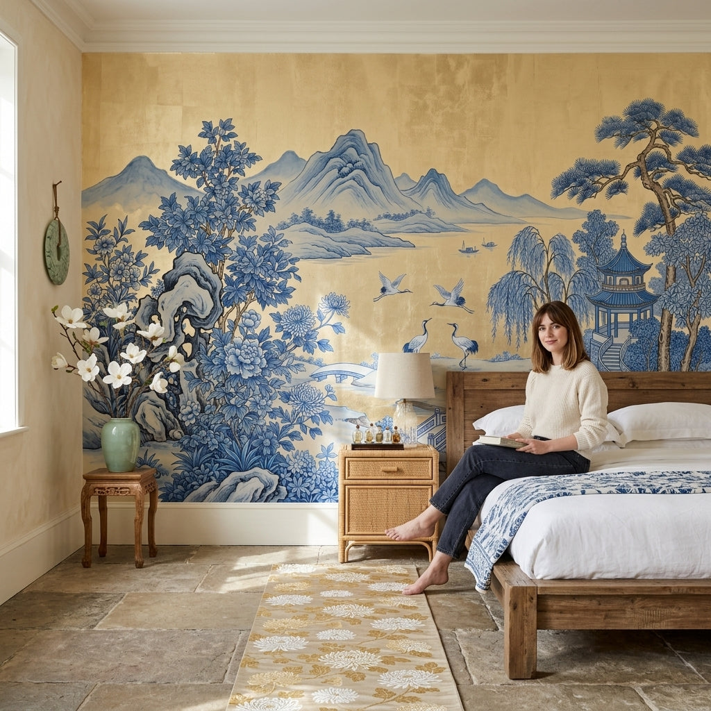 Blue And White Wallpaper East Asian Landscape Pagoda Pavilion Removable Wall Decor