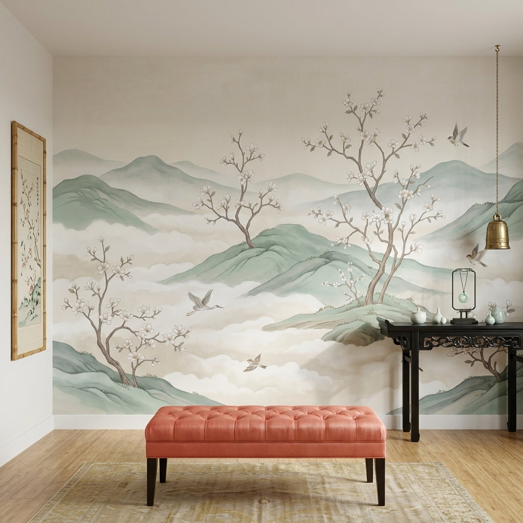 Misty Mountains Wallpaper Sage Green Cherry Blossom Branches Wall Mural