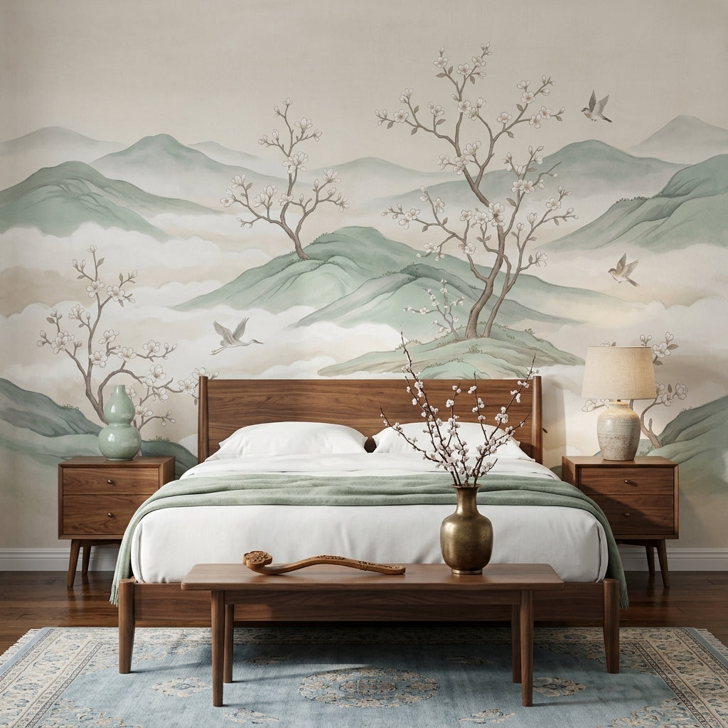 Misty Mountains Wallpaper Sage Green Cherry Blossom Branches Wall Mural