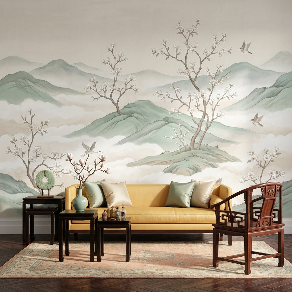 Misty Mountains Wallpaper Sage Green Cherry Blossom Branches Wall Mural