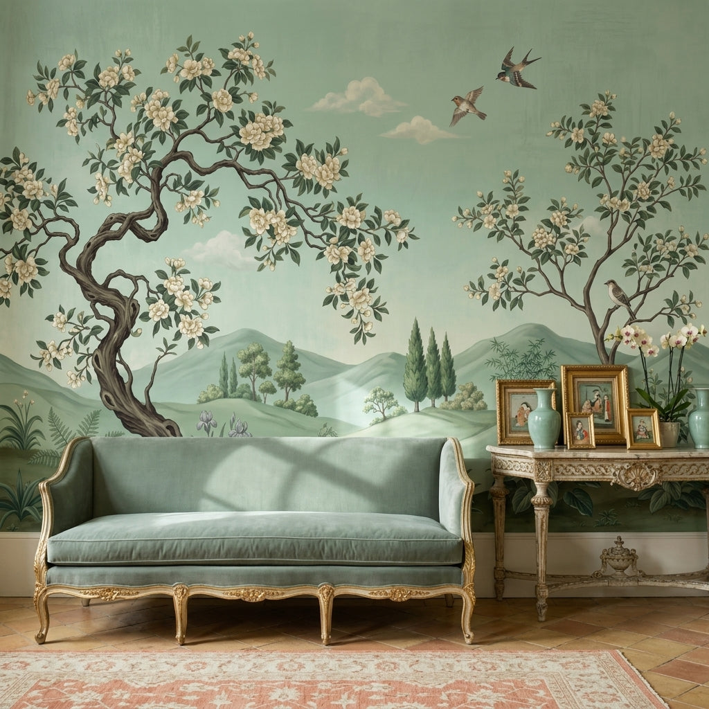 Green Landscape Mural Wallpaper Floral Blossoming Trees Birds In Flight Removable Wall Decor
