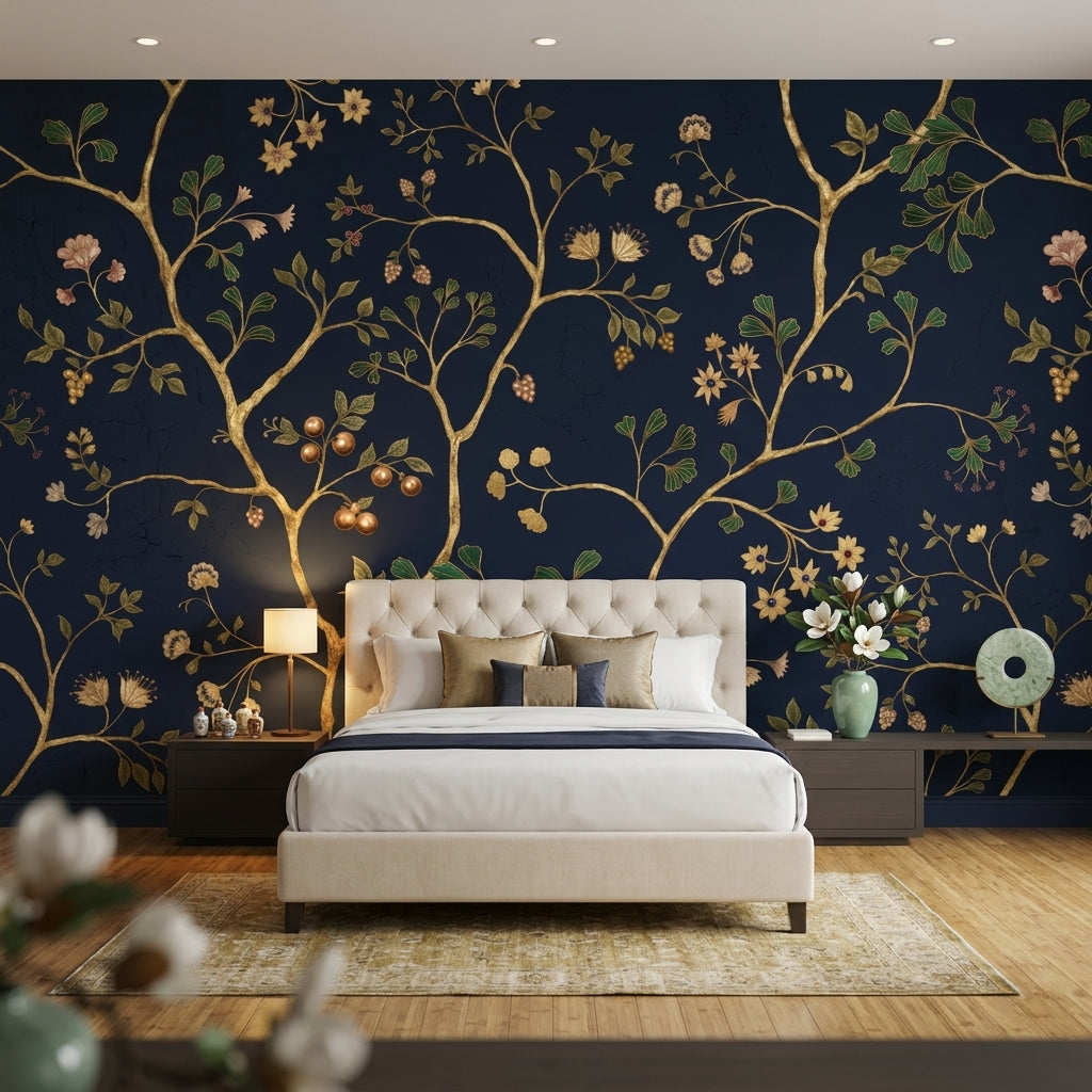 Dark Navy Background Wallpaper Gold Branches Botanical Floral Wall Mural