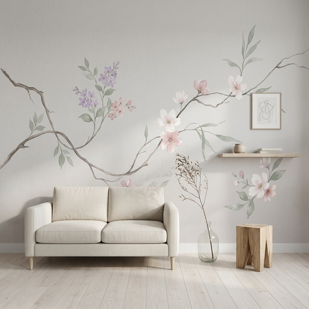 Cherry Blossom Wallpaper Floral Branch Removable Soft Pastel Wall Decor