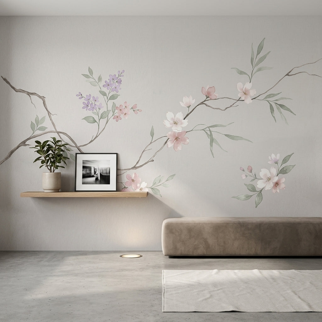 Cherry Blossom Wallpaper Floral Branch Removable Soft Pastel Wall Decor