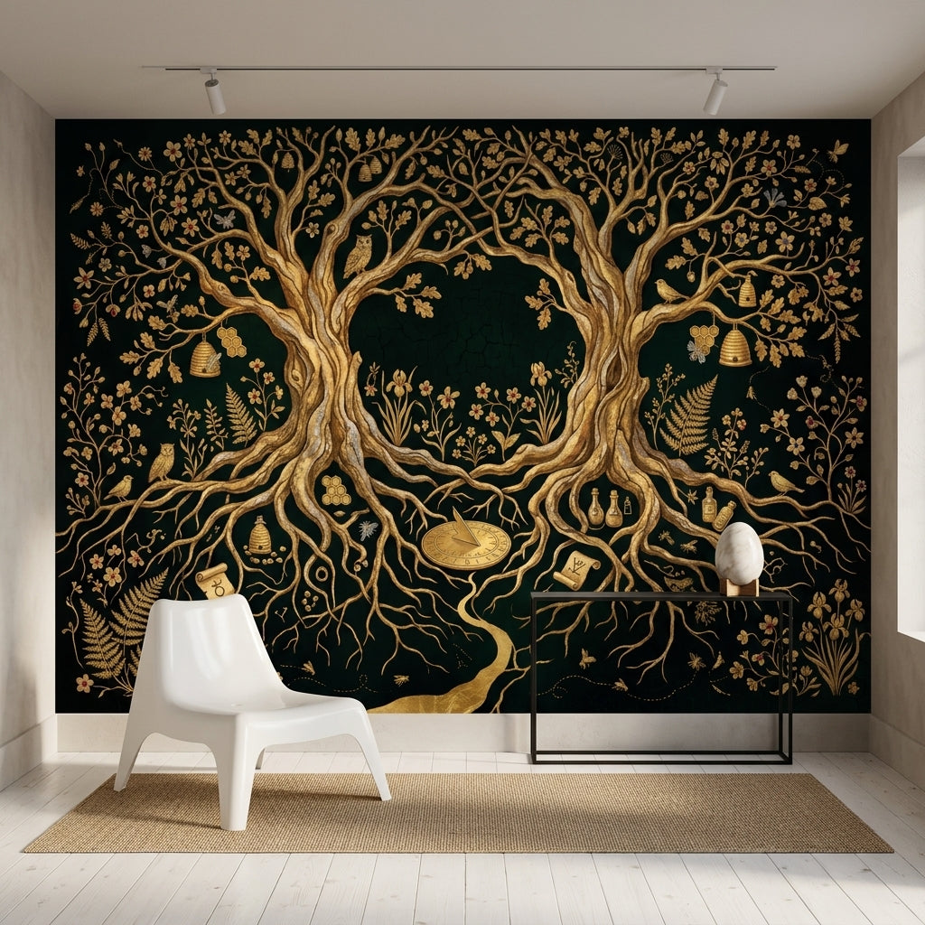 Enchanted Forest Wallpaper Black And Gold Tree Of Life Wall Mural