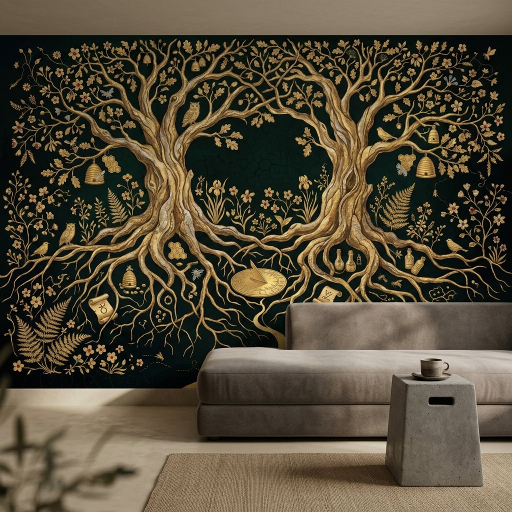 Enchanted Forest Wallpaper Black And Gold Tree Of Life Wall Mural