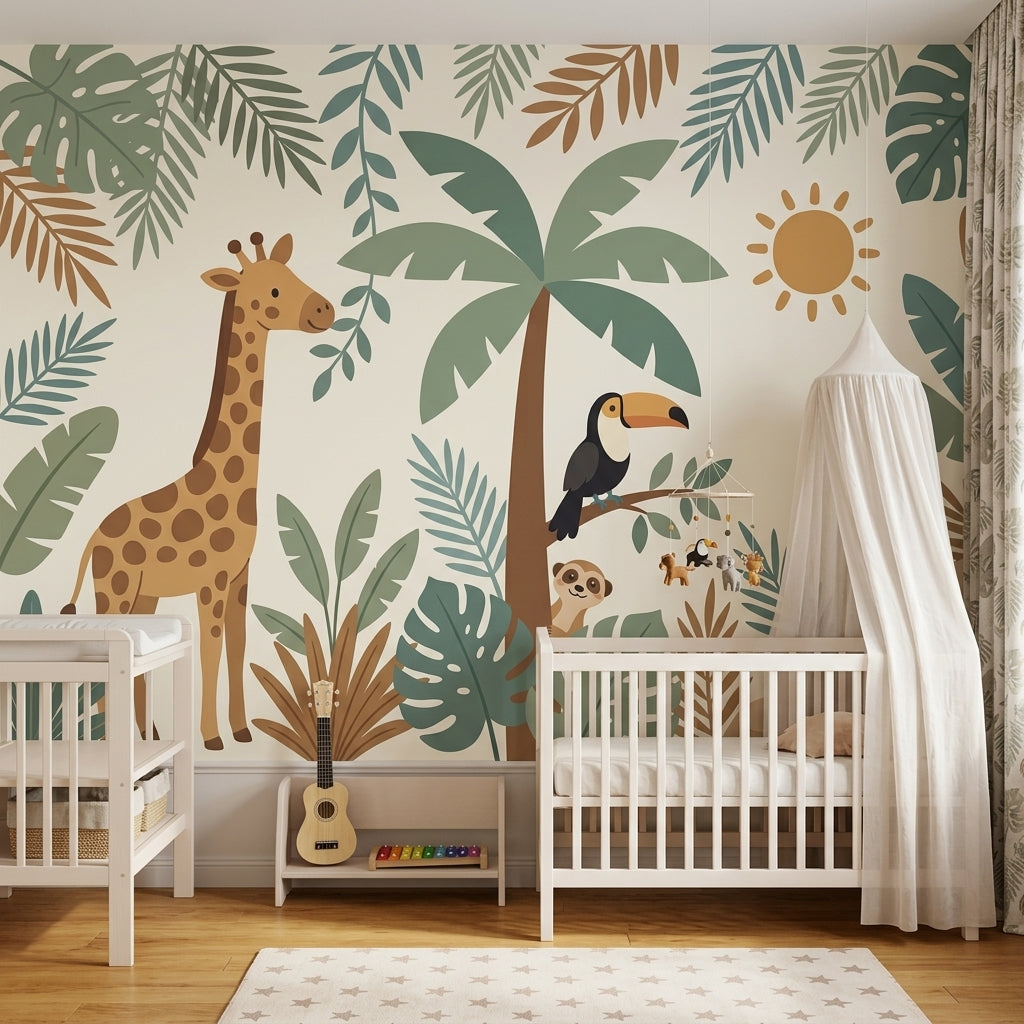 Nursery Wallpaper Tropical Jungle Giraffe Removable Wall Decor