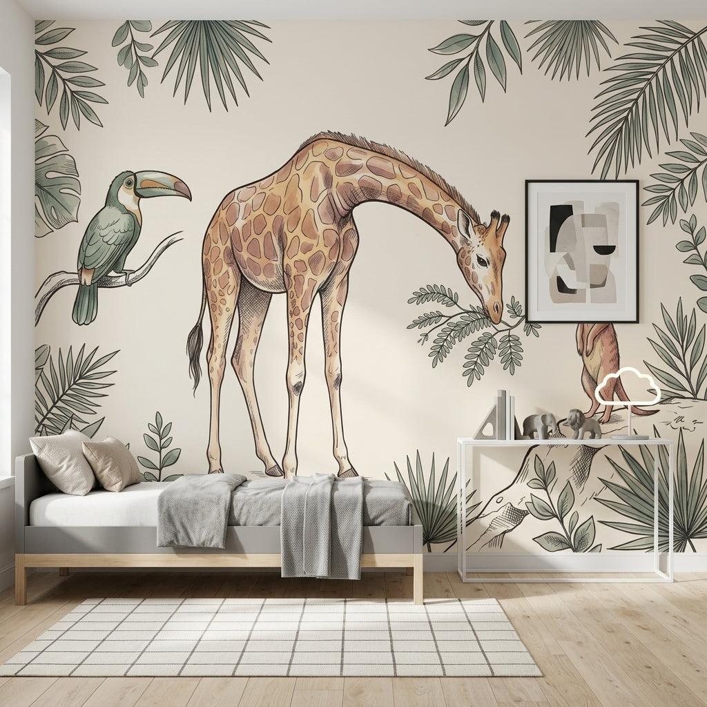 Muted Green Wallpaper Safari Nursery Removable Tropical Jungle Wall Decor