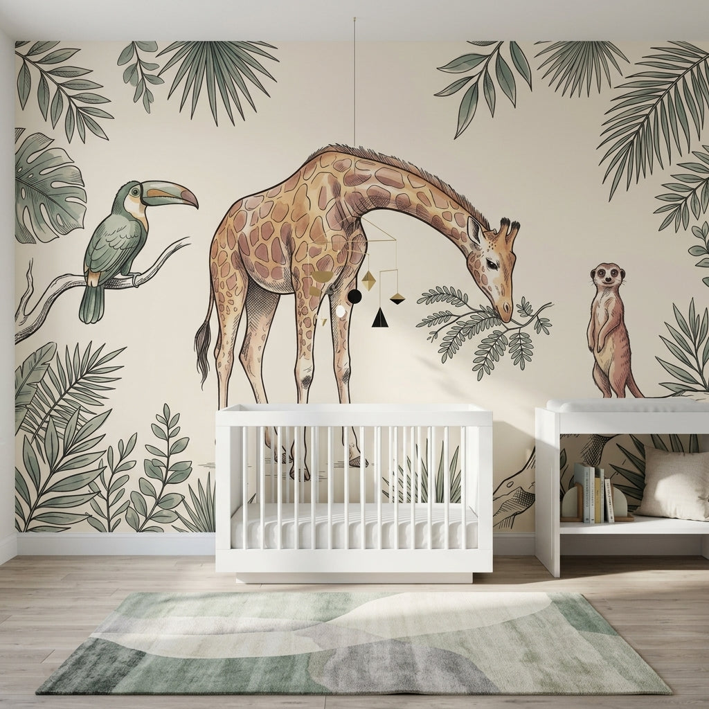 Muted Green Wallpaper Safari Nursery Removable Tropical Jungle Wall Decor