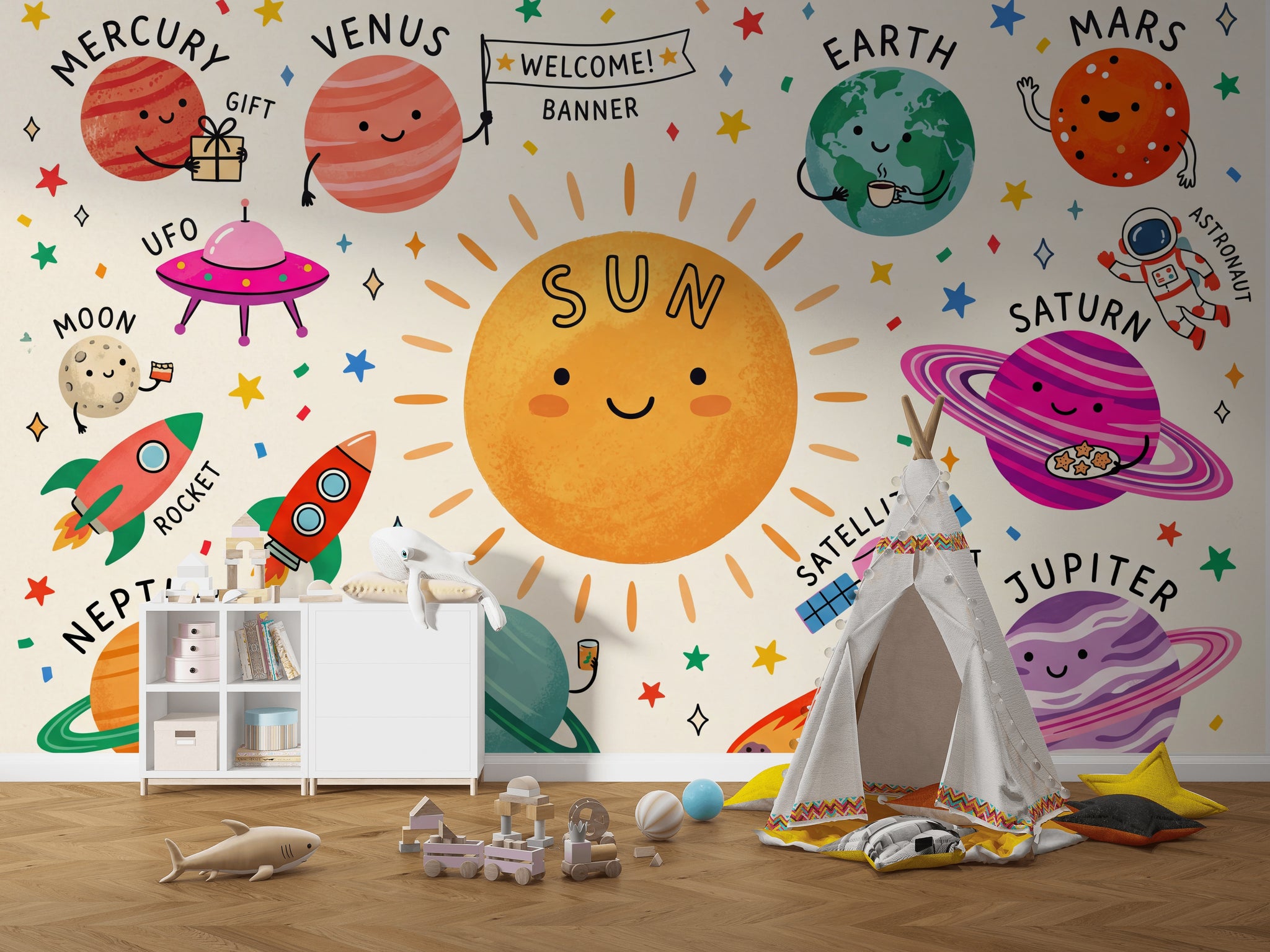 Solar System Wallpaper Space Cute Cartoon Wall Mural
