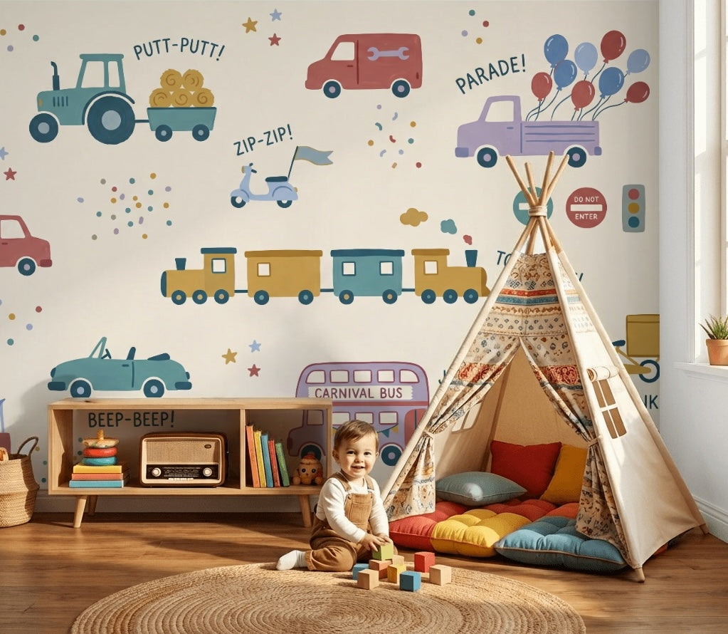 Kids Vehicles Wallpaper Transportation Parade Removable Wall Decor