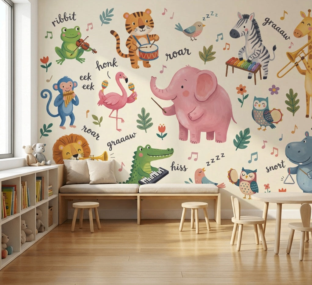 Kids Wallpaper Cute Animals Removable Musical Instruments Wall Decor
