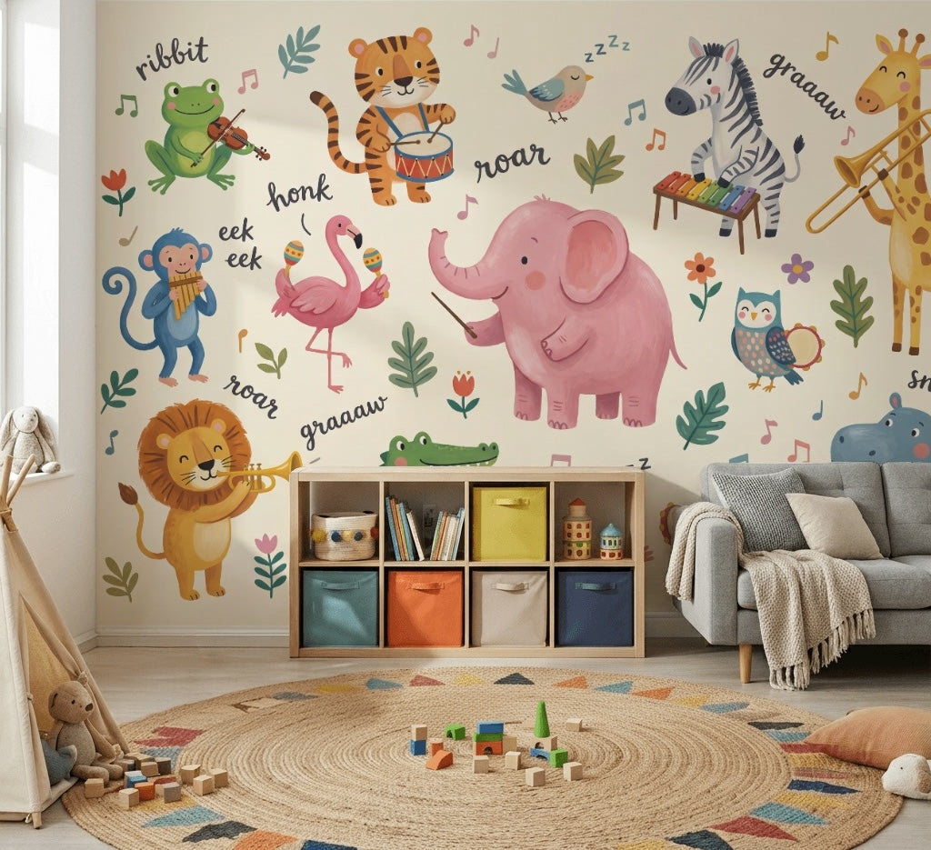 Kids Wallpaper Cute Animals Removable Musical Instruments Wall Decor