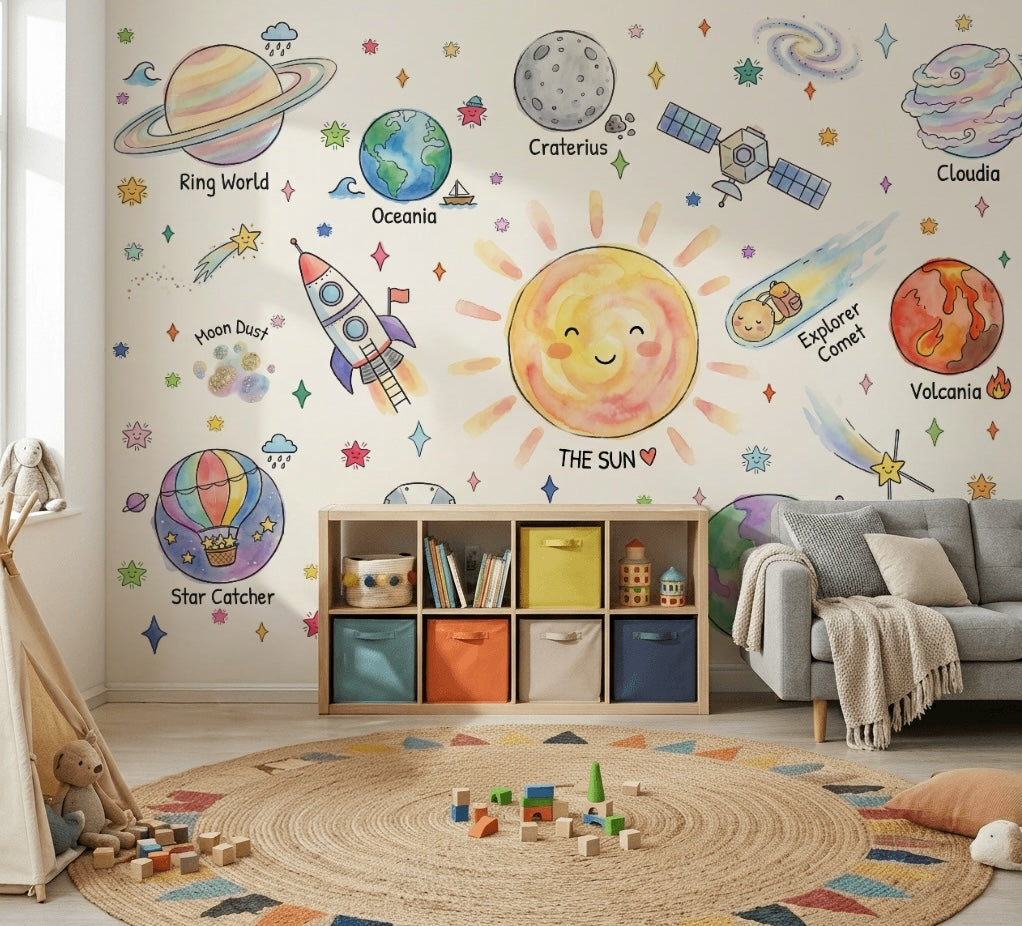 Space Wallpaper Planets Removable Sun Wall Decor