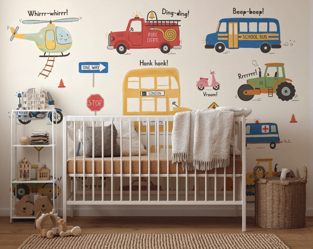 Kids Vehicles Wallpaper Transportation Cartoon Removable Wall Decor