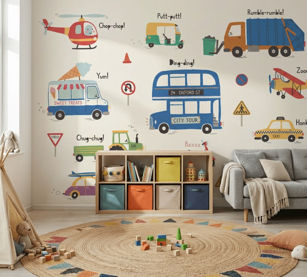 Kids Transportation Wallpaper Vehicles Removable Cartoon Illustration Wall Decor