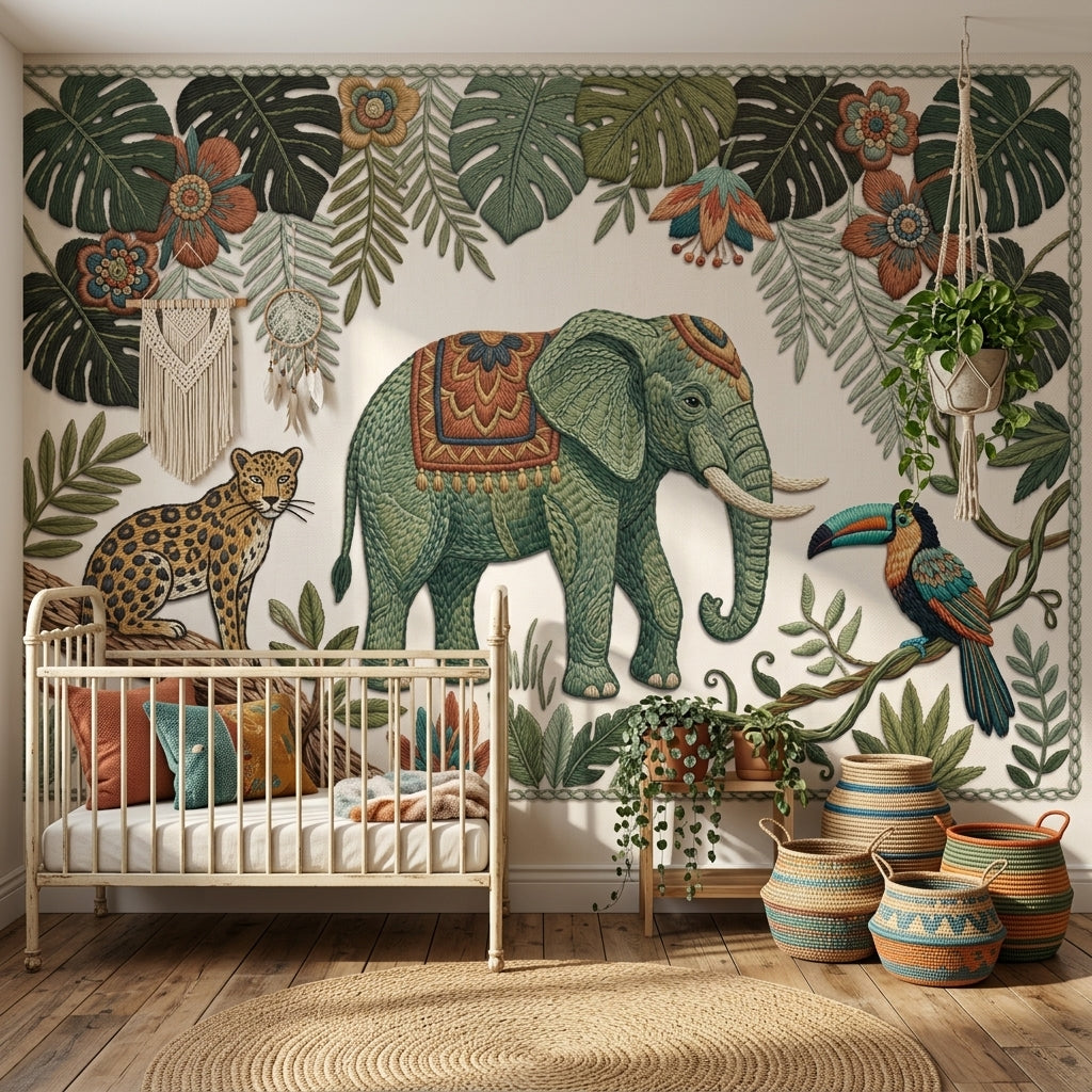 Embroidered Wallpaper Elephant Tropical Removable Wall Decor