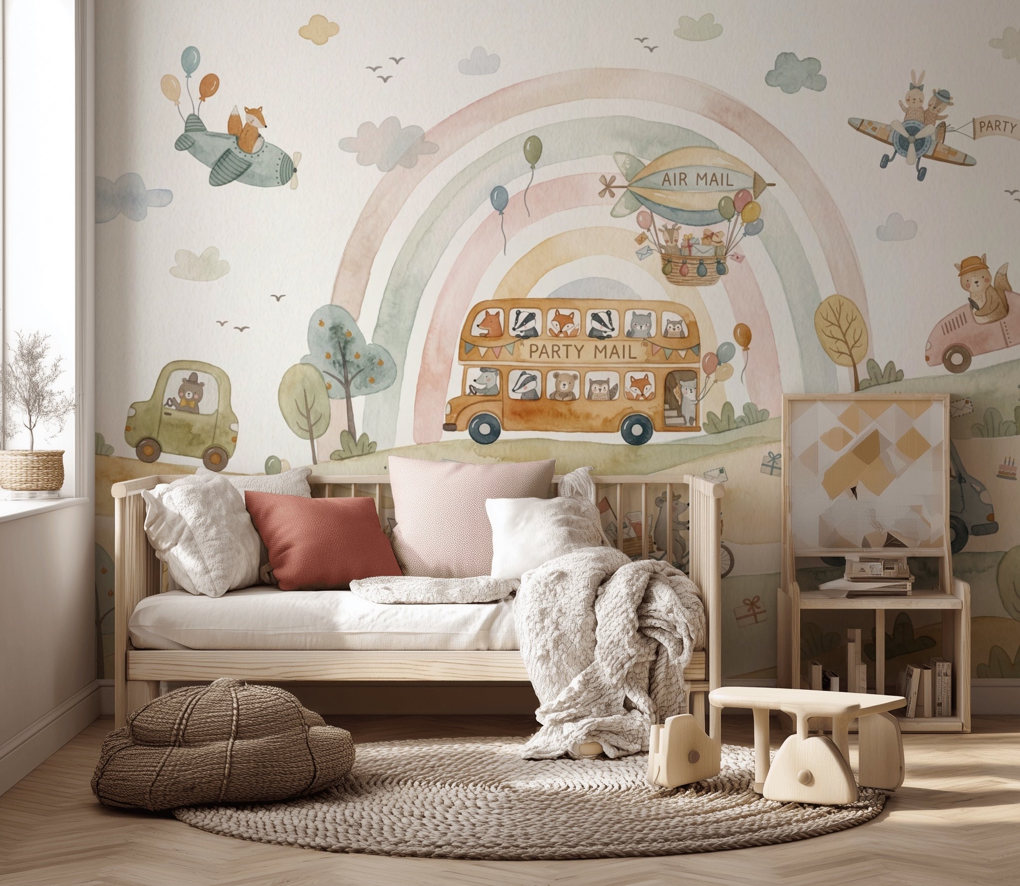 Nursery Wallpaper Pastel Rainbow Cute Animals Removable Wall Decor