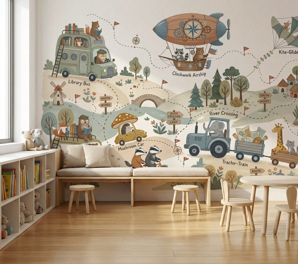Whimsical Map Wallpaper Storybook Landscape Woodland Animals Wall Mural