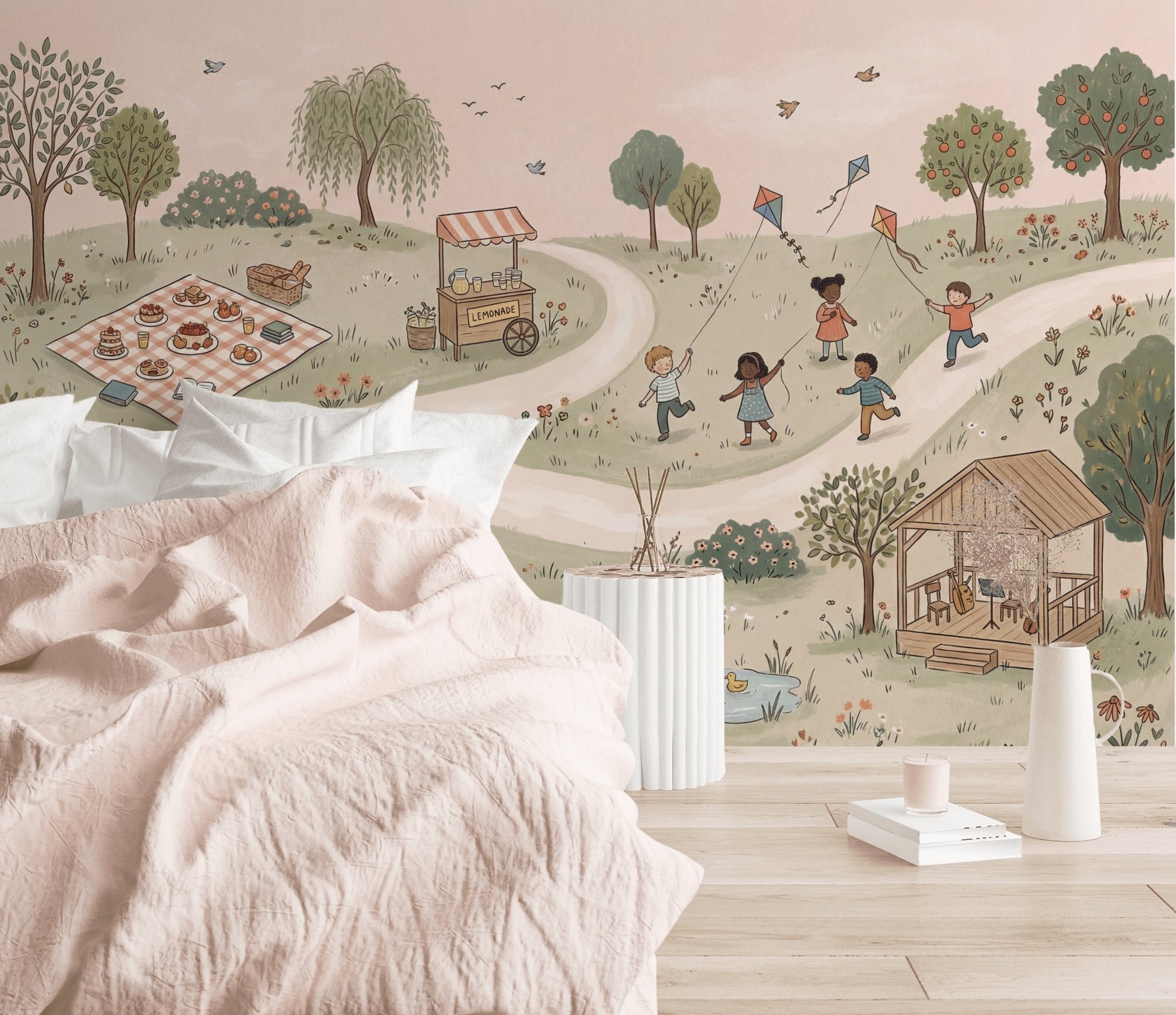 Pastoral Landscape Wallpaper Children Playing Removable Kites Wall Decor