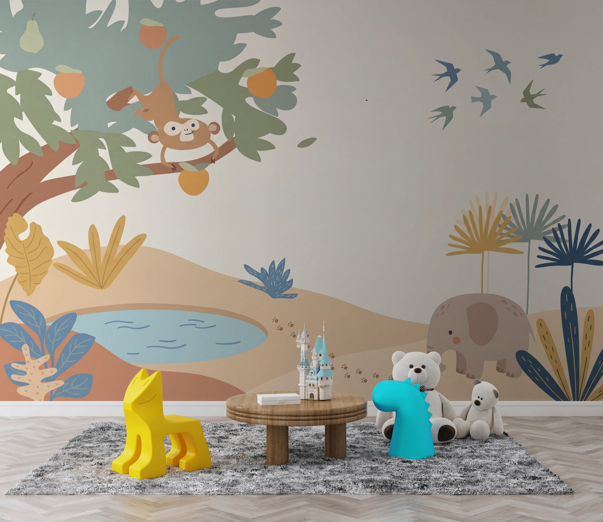 Jungle Safari Wallpaper Kids Wallpaper Cartoon Animals Removable Wall Decor