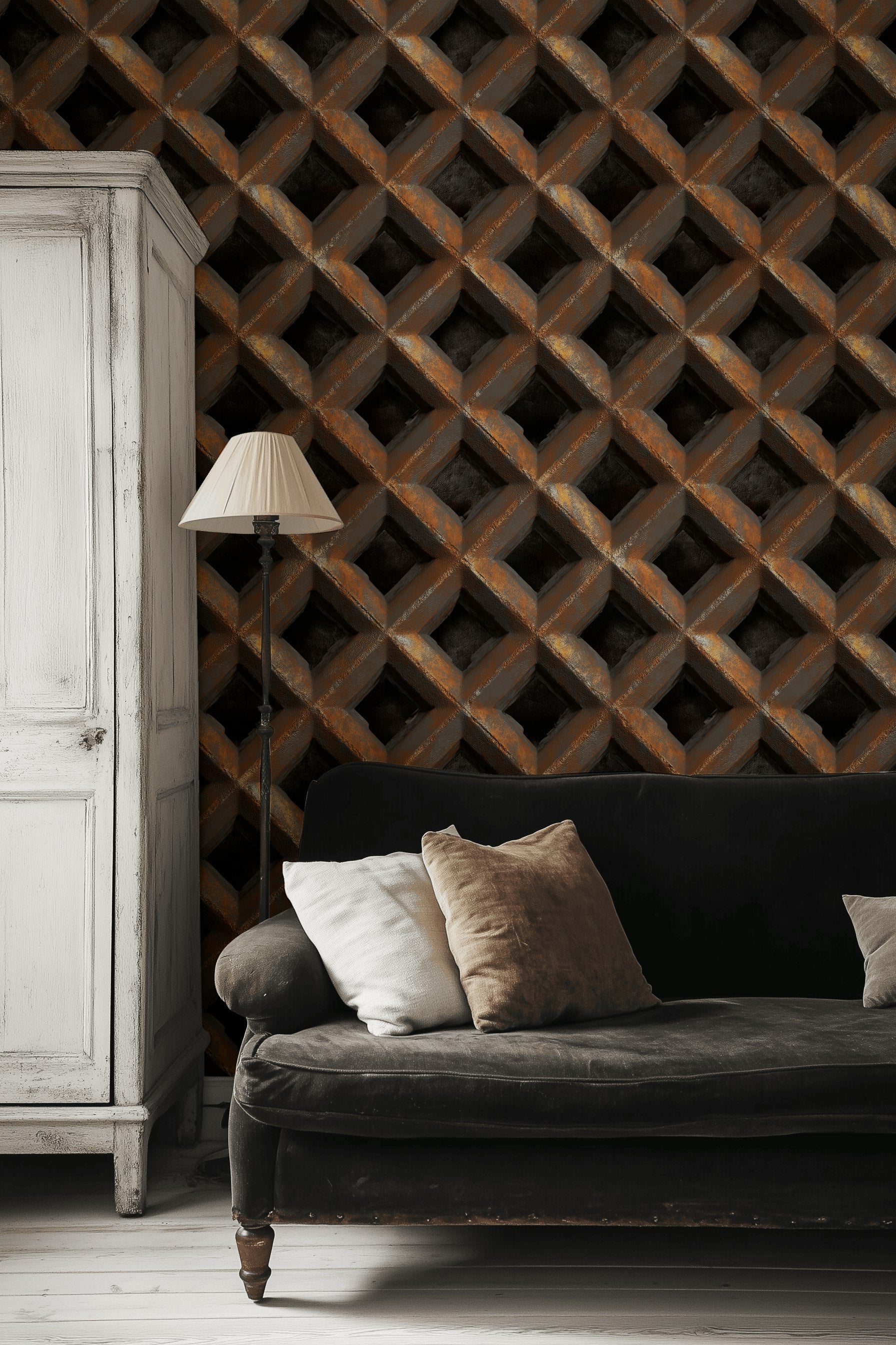 Geometric Lattice Wallpaper 3D Illusion Metallic Copper Decorative Mural