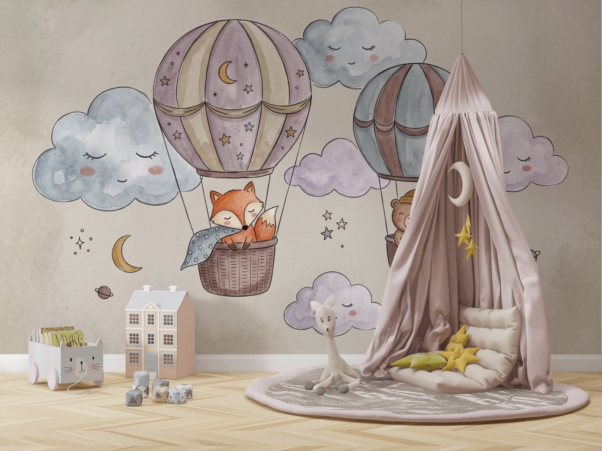 Nursery Wallpaper Hot Air Balloons Watercolor Wall Mural