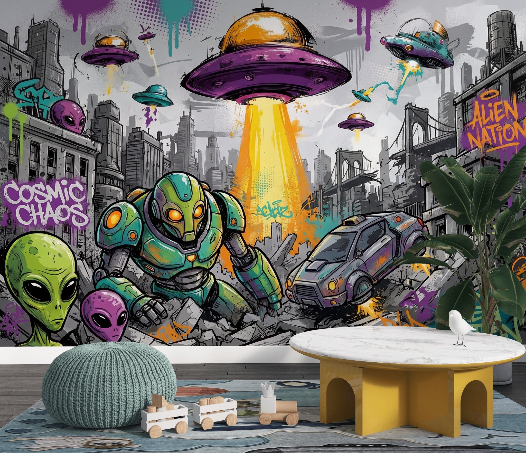 Alien Invasion Wallpaper UFO Graffiti Street Art Wall Mural