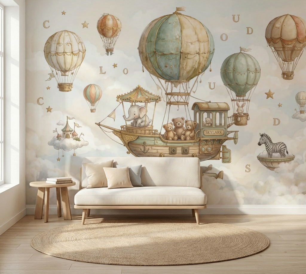 Whimsical Wallpaper Hot Air Balloons Removable Floating Airship Wall Decor